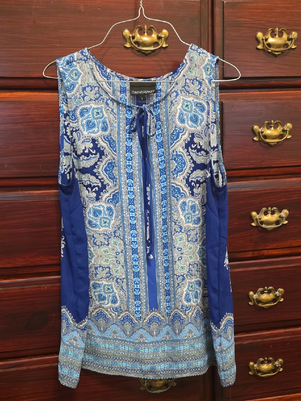 Cynthia Rowley Blue Paisley Semi-sheer Tie-Neck Sleeveless Top